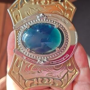 Rare Gold and Silver Ornate Belt Buckle with Blue Stone